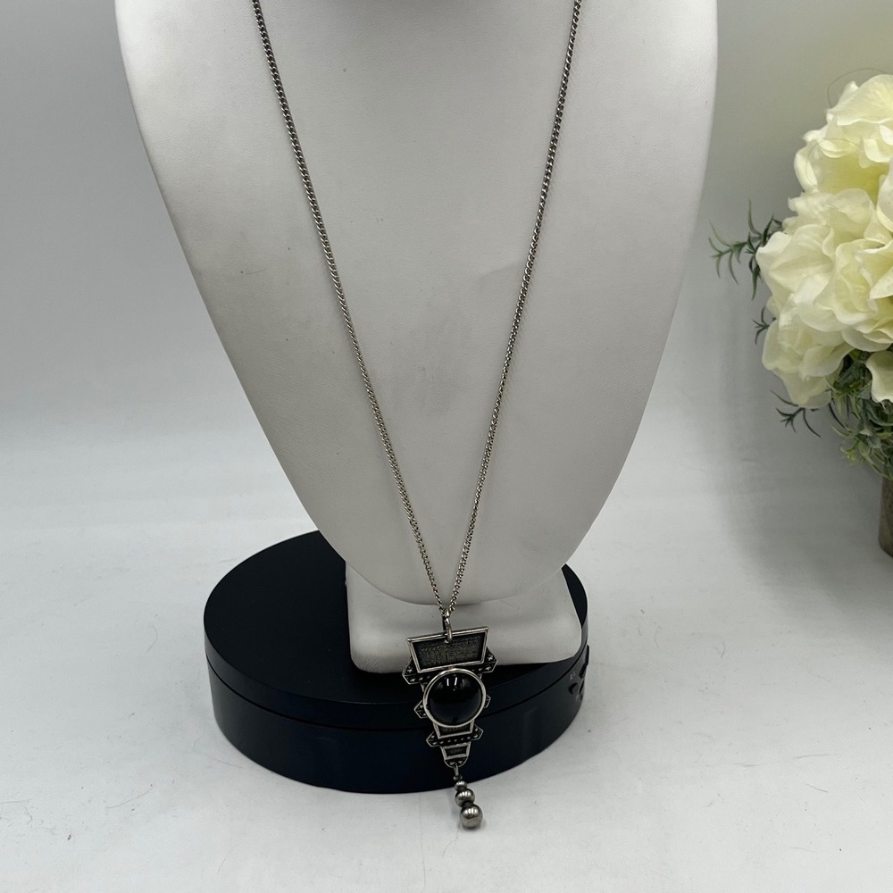 Jan Michaels San Francisco Designer Art Deco Black Onyx Pendant Chain‎ Necklace